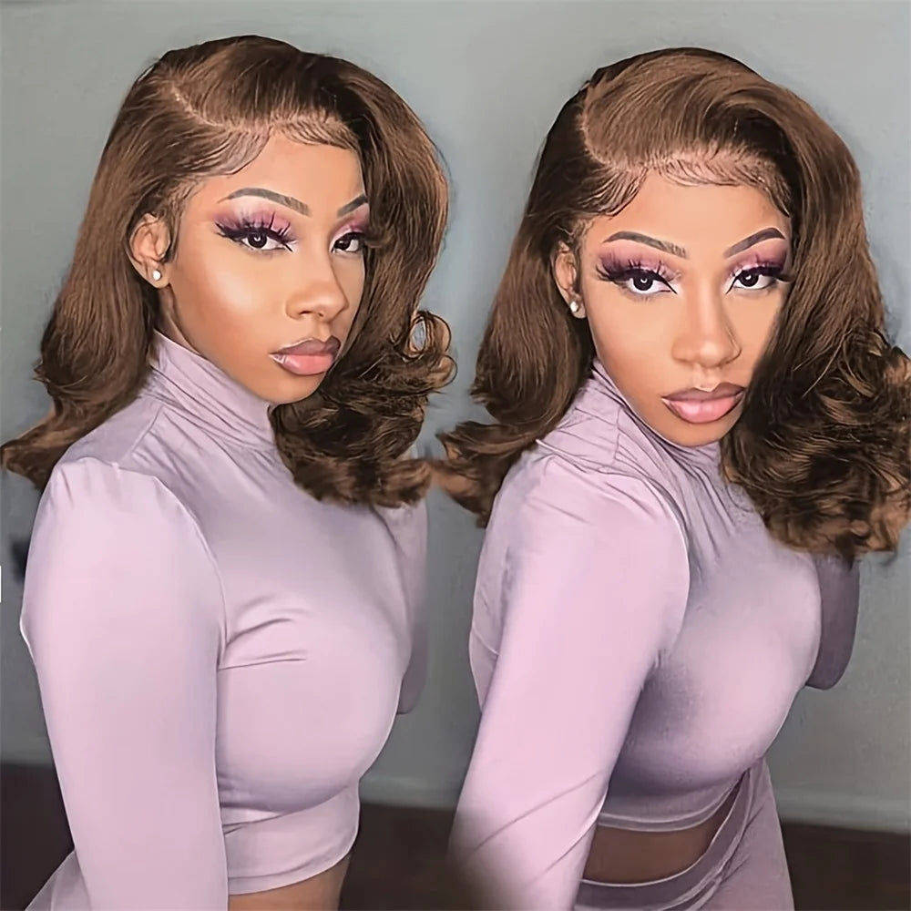 Chocolate Brown Body Wave Bob Wig 100% Human Hair 13x4 Transparent Lace Frontal Wig Short Bob Wig 10-16 Inch For Black Women