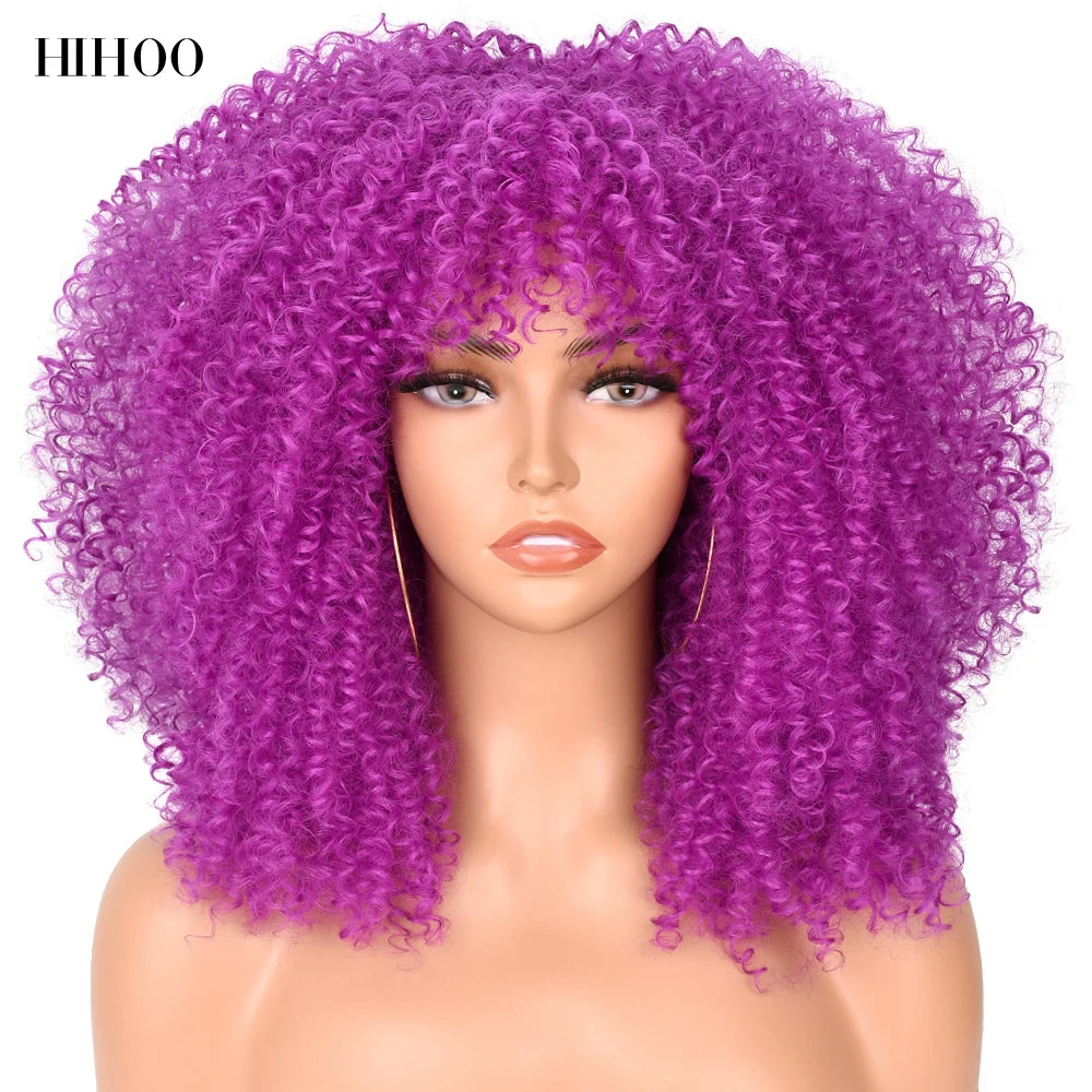 Short Wigs Afro Hair Kinky Curly Wigs With Bangs For Black Women Cosplay Lolita Blonde Wig Synthetic Blue White Purple
