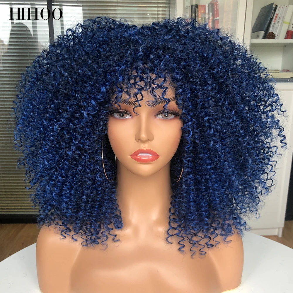 Short Wigs Afro Hair Kinky Curly Wigs With Bangs For Black Women Cosplay Lolita Blonde Wig Synthetic Blue White Purple