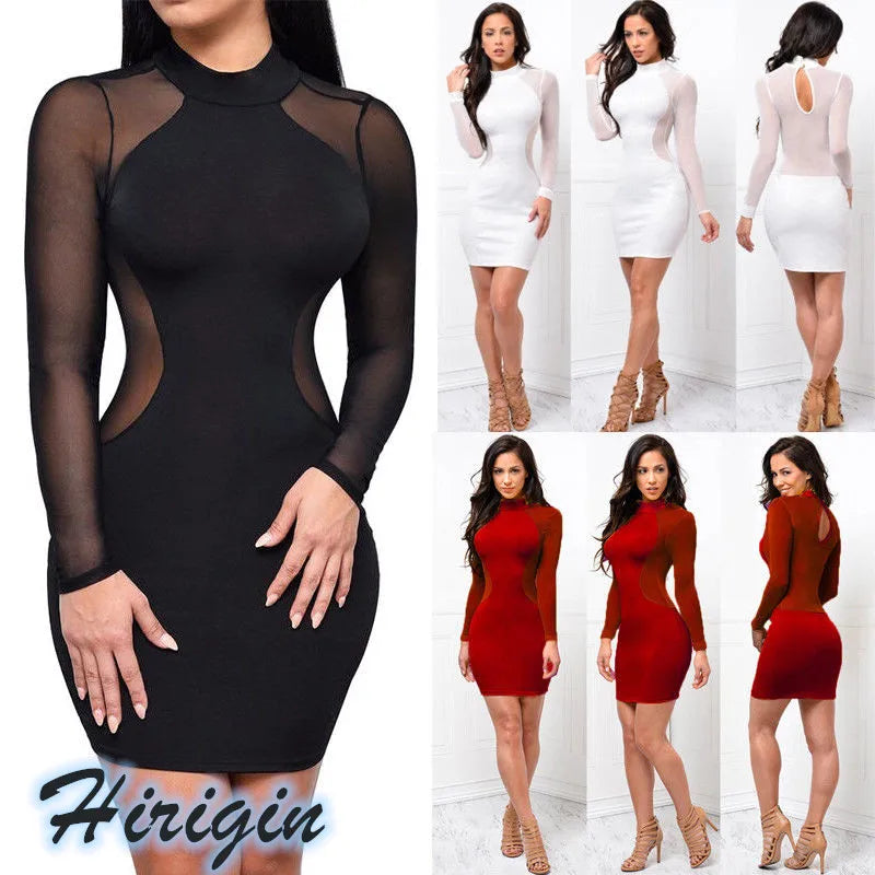 Summer Dresses New Women Summer Casual Long Sleeve O-Neck Backless Dress Sexy Lace See Though Mini Dress S-XL