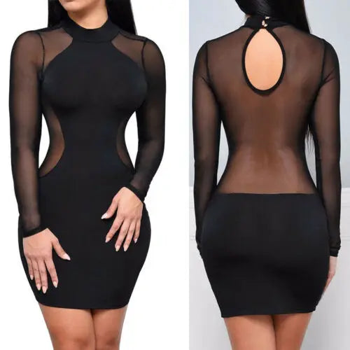 Summer Dresses New Women Summer Casual Long Sleeve O-Neck Backless Dress Sexy Lace See Though Mini Dress S-XL