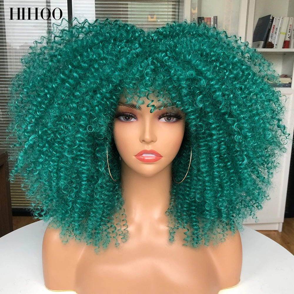 Short Wigs Afro Hair Kinky Curly Wigs With Bangs For Black Women Cosplay Lolita Blonde Wig Synthetic Blue White Purple