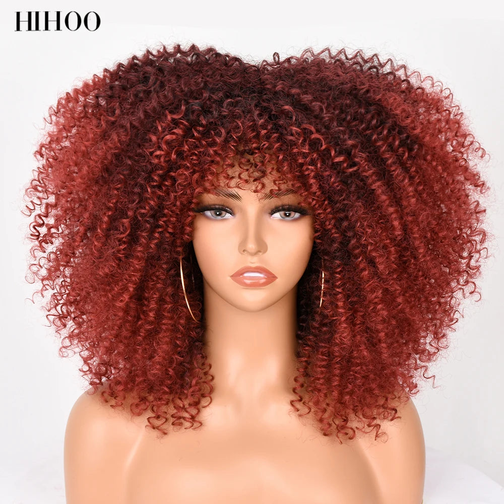 Short Wigs Afro Hair Kinky Curly Wigs With Bangs For Black Women Cosplay Lolita Blonde Wig Synthetic Blue White Purple