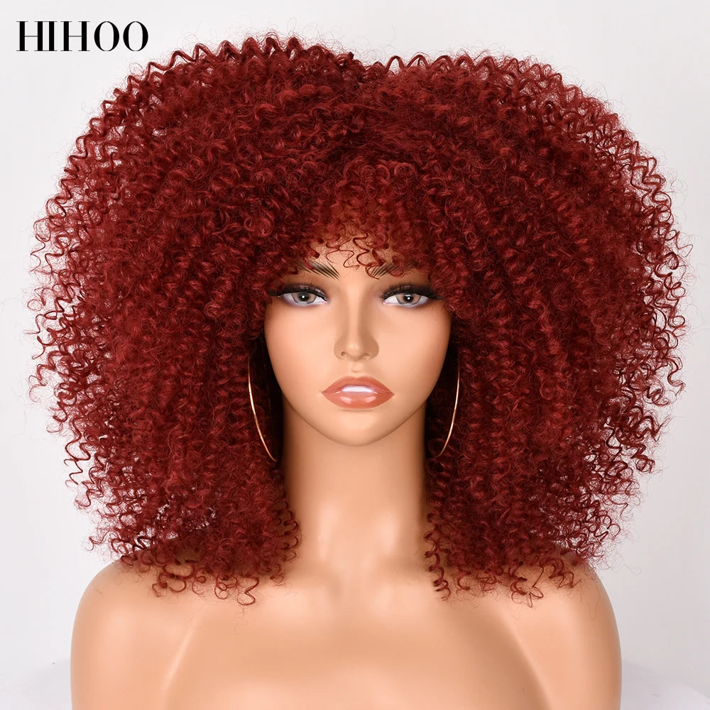 Short Wigs Afro Hair Kinky Curly Wigs With Bangs For Black Women Cosplay Lolita Blonde Wig Synthetic Blue White Purple