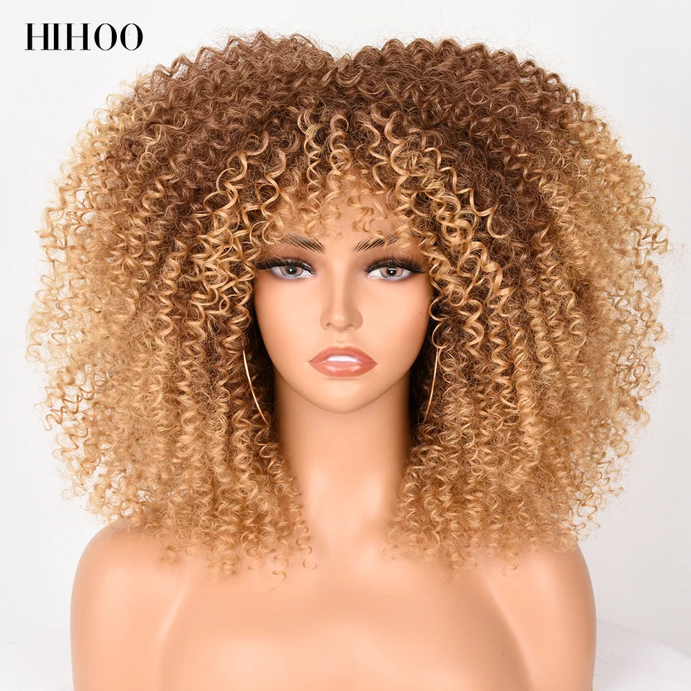 Short Wigs Afro Hair Kinky Curly Wigs With Bangs For Black Women Cosplay Lolita Blonde Wig Synthetic Blue White Purple