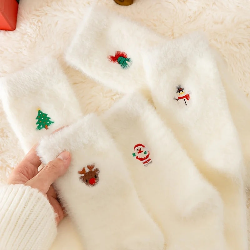 Cozy White Plush Xmas Socks - 5PCS Mid-Calf Warm Holiday Socks with Festive Designs for Teens. Soft & Thick for Winter Comfort!