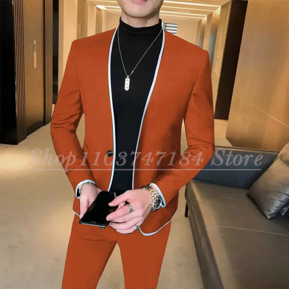 Elegant Black Gentlemen Men's Suits Slim Fit Casual Prom Party 2 Piece Jacket Pants Full Set Luxury Male Clothing Terno Blazer