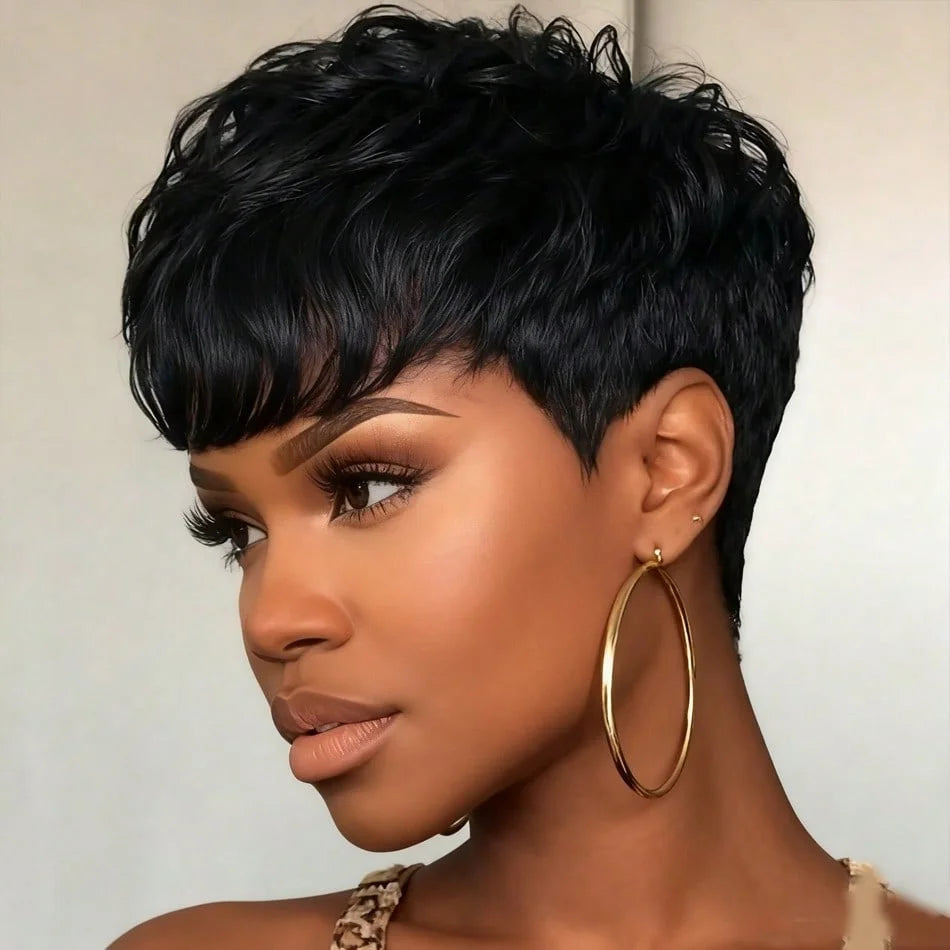 Short Pixie Cut Straight Human Hair Wig With Bangs Peruvian Hair Full Machine-Made Layered Pixie Cut For For Daily Wear