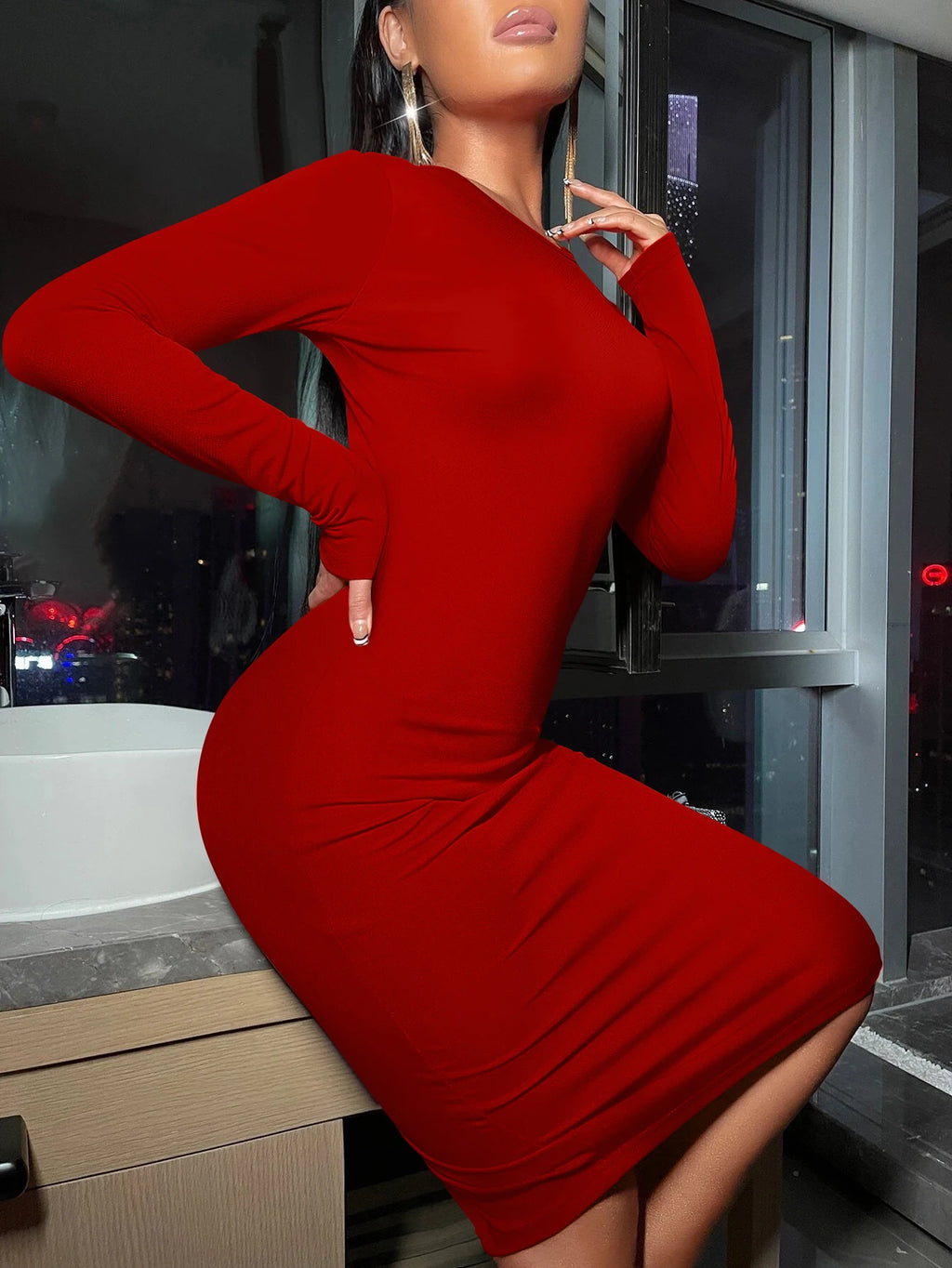 New Tight Highly Elastic Women's Dress Fashion Solid Color Sexy Long Sleeved Women Dress Wrapped Bobycon Midi Dress