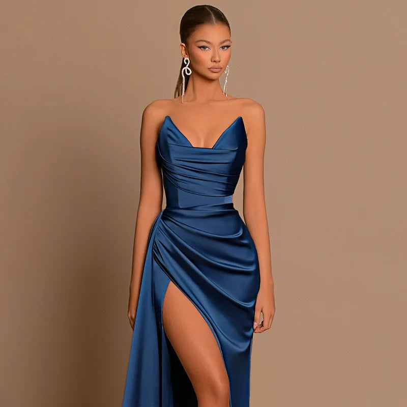 Autumn new European and American fashion temperament sexy slim deep V-waist satin slit dress female