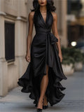 Elegant Women's Evening Rules Ruffled Slit Dress Summer Sexy Deep V Neck Backless Slimming Lady Waist Cinching Lace Up Dreses