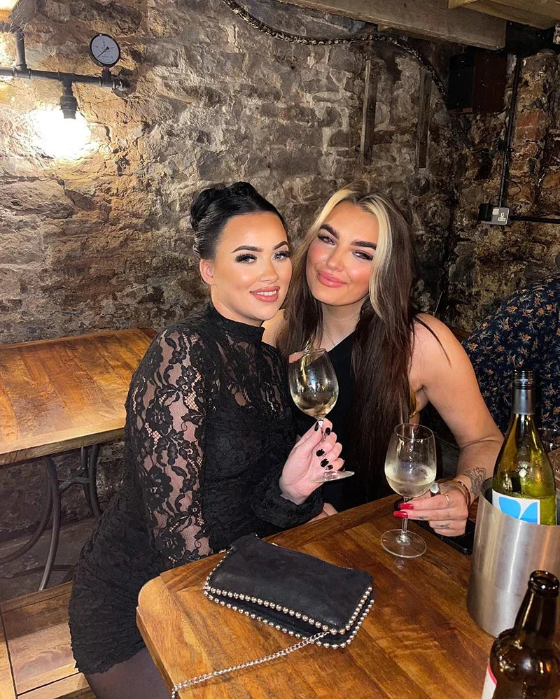 Lace Long Sleeve Sexy Mini Dress For Women Robe Fashion Black See Through Draped Ruched Bodycon Club Party Dress