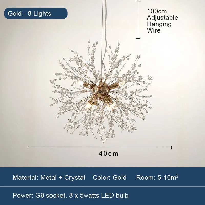 LED Dandelion Pendant Light Modern Crystal Beads Hanging Light Dining Room Living Room Bar Counter Home Decoration G9