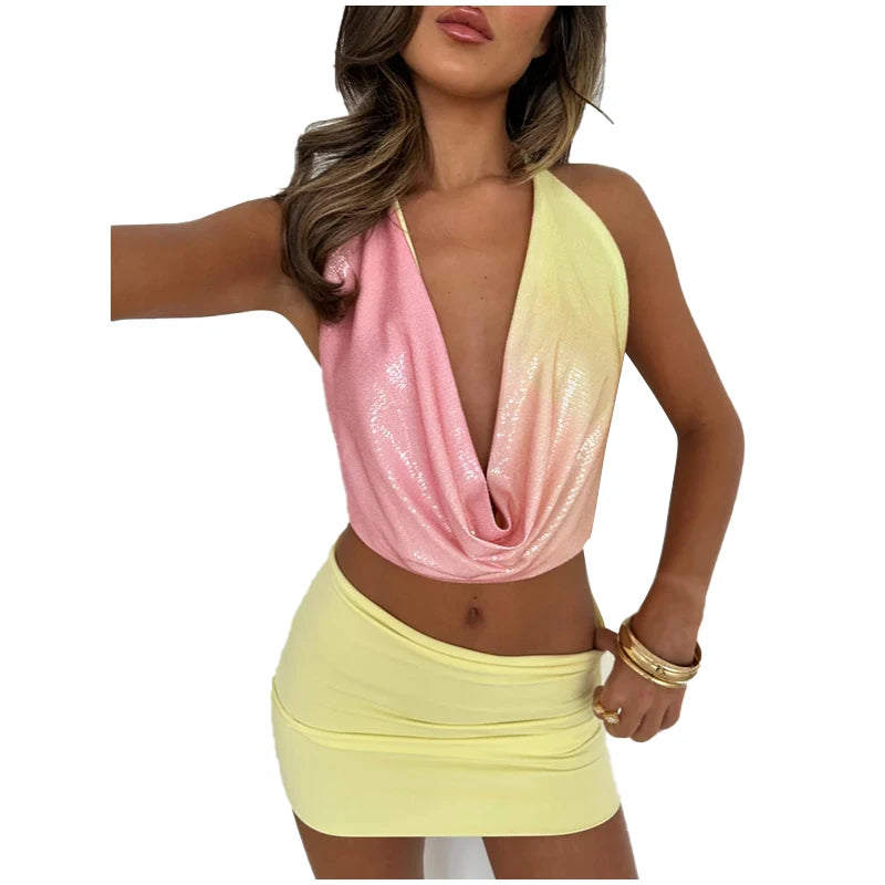 Colorful Sequin Halter Plunge-Neck Set Sleeveless Backless Vest Bodycon Mini Skirt 2025 Summer Party Chic Suit Sexy Lady Outfit
