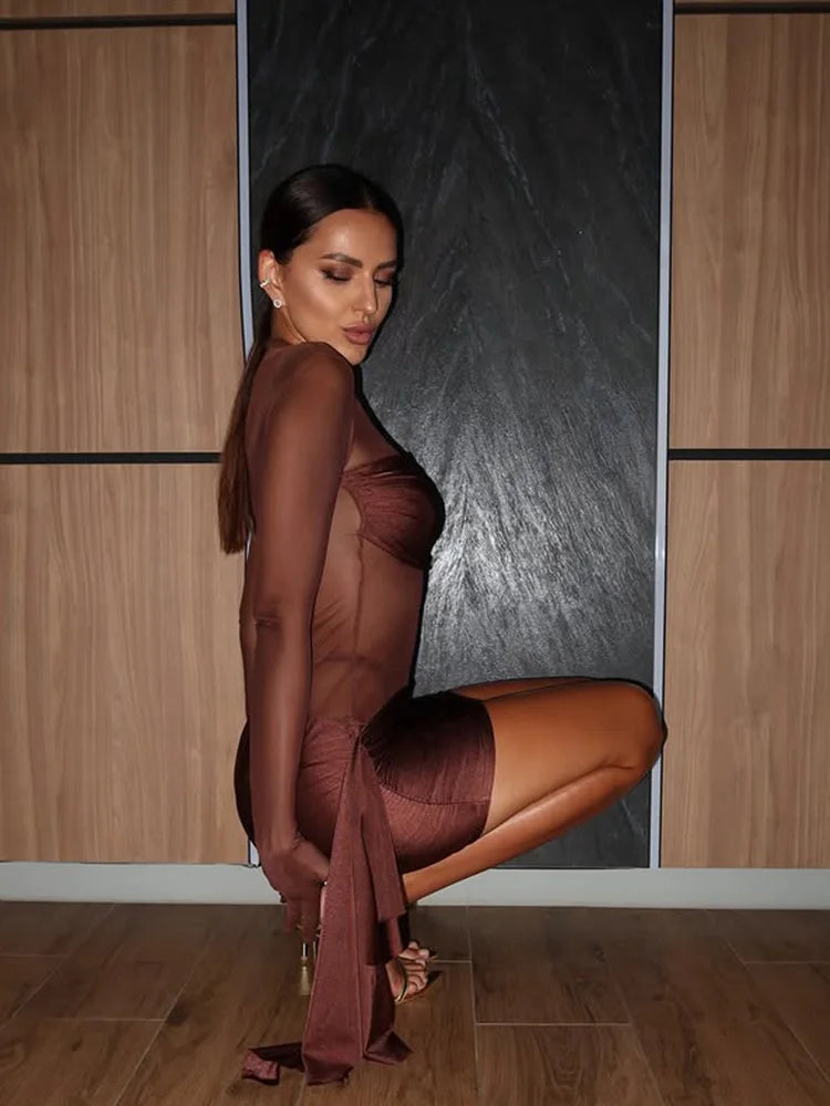 CNYISHE Mesh Patchwork Solid O Neck Women Dresses Autum Sheer Sexy Club Long Sleeve Hip Wrap Bodycon Fashion Female Streetwear