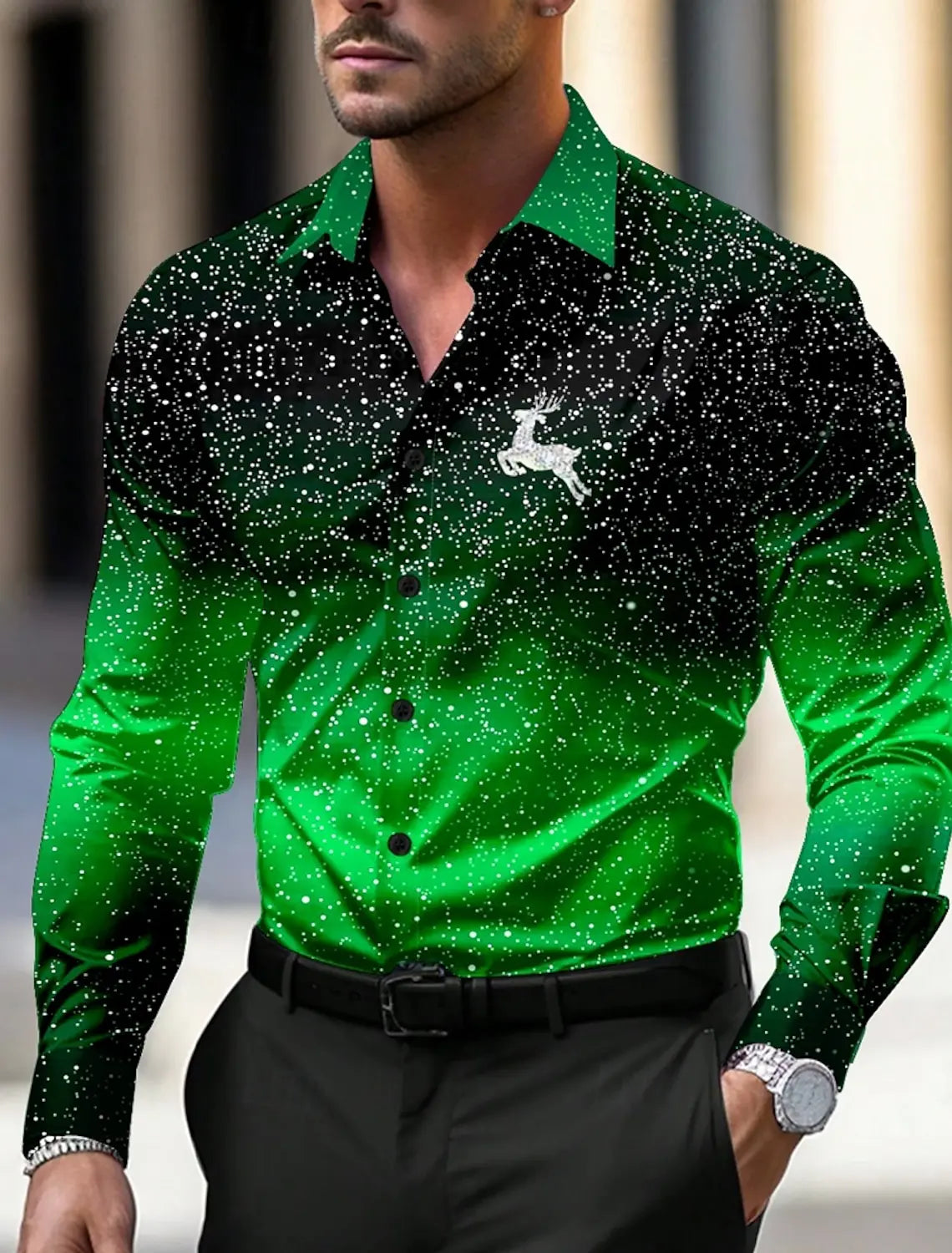Christmas Theme Men's Christmas Trees Printed Shirts Snowflake Gradient Graphics Button Up Long Sleeve Shirts Fashion Tops Thin