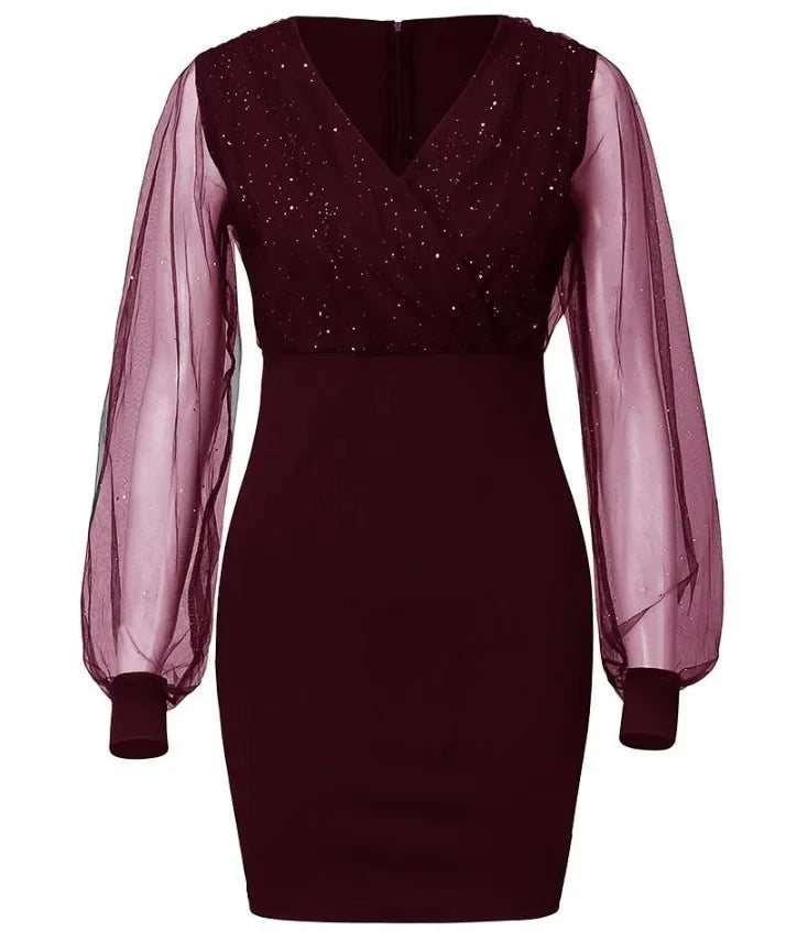 Sexy Sequin Mesh Dress V-Neck Bodycon Elegant Tight Fit Autumn Winter Fashion Women's Clothing Elegant Tight Fit Dress