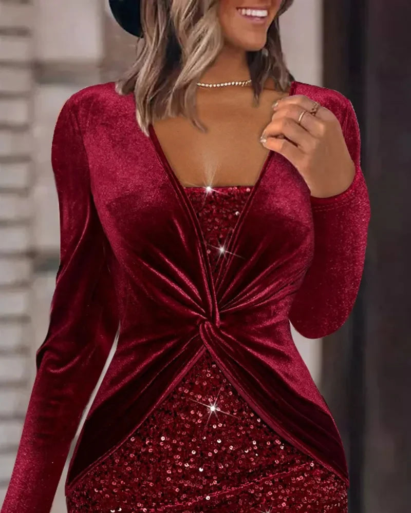 Women's Dresses 2025 Autumn Long Sleeve Sequined Mini Evening Dress Velvet Contrast Sequin Party Dress