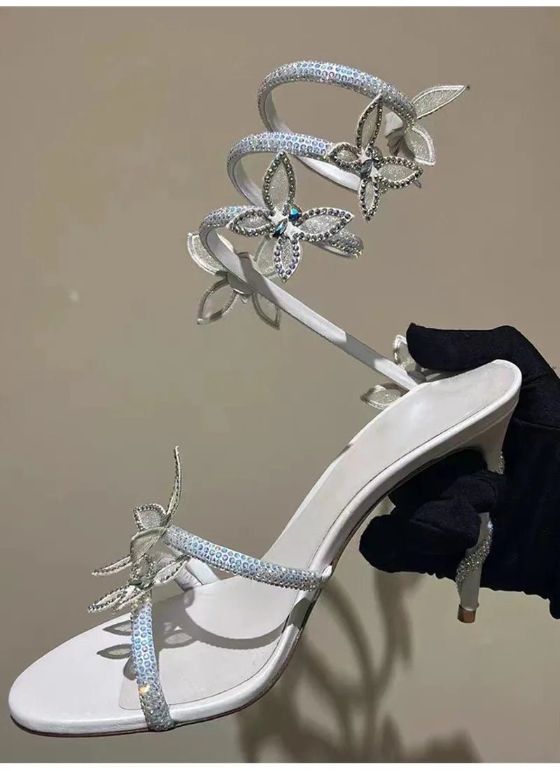 Luxury Crystal Embellished Butterfly Detail Women Sandals Sexy Coiled Strap High heels Gladiator Sandals Summer Party prom Shoes, need a dress