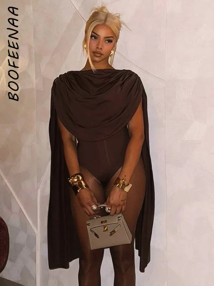 BOOFEENAA Cowl Neck Sleeveless Bodysuit Tops Spring 2025 Women Sexy Clothing Brown One Pieces Club Outfit C85-CZ24, dress