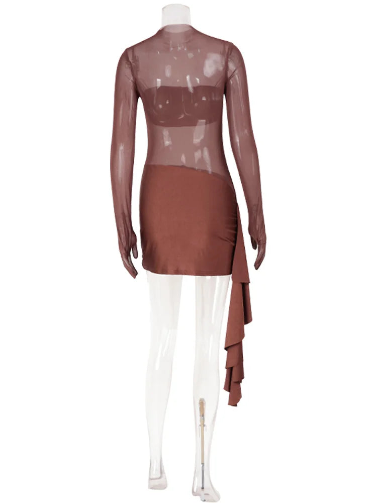 CNYISHE Mesh Patchwork Solid O Neck Women Dresses Autum Sheer Sexy Club Long Sleeve Hip Wrap Bodycon Fashion Female Streetwear