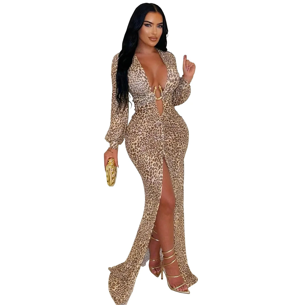 Sexy Leopard Split Dress Women Deep V-Neck Metal Decoration Elegant Peach Hip Street Club Stretch Skinny Maxi Bodycon
