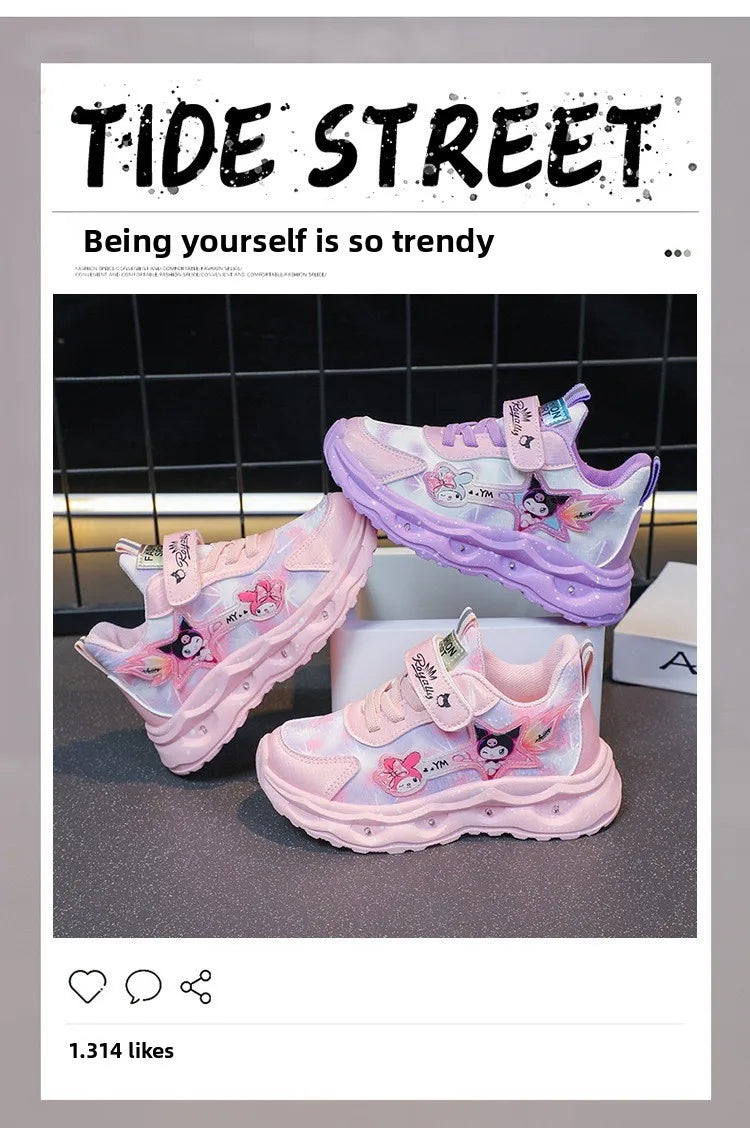 2025 New Light Up Girls Running Shoes Cartoon Leather Waterproof Breathable Anti Slip Trendy Kids Sneakers