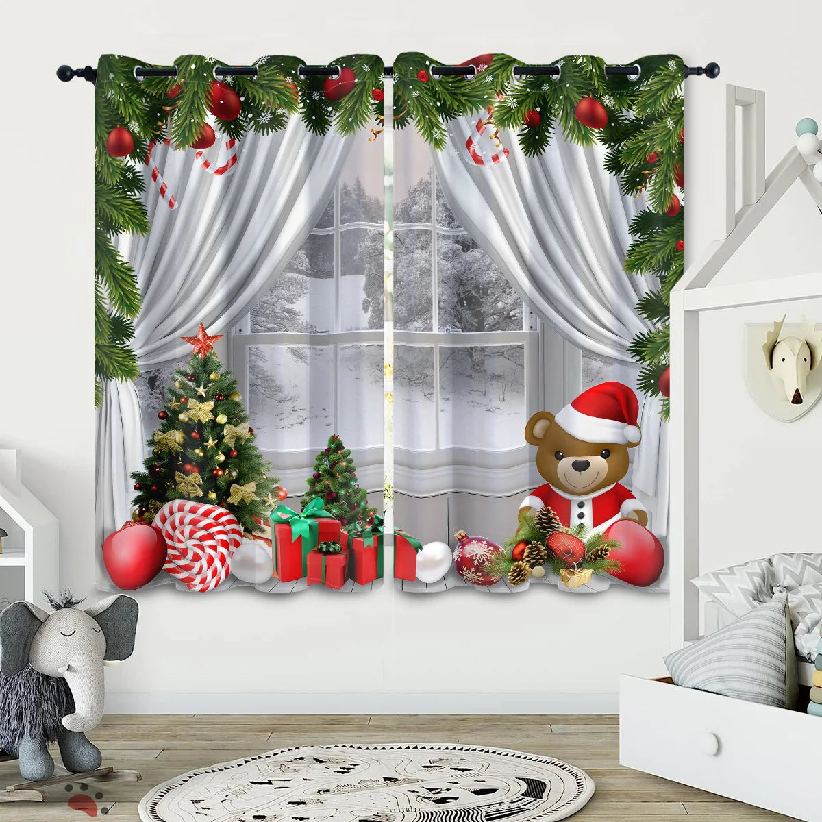 2pcs Christmas Teddy Bear Print Blackout Curtains Insulation Multiple Sizes Living Room Bedroom Decoration, Machine Washable