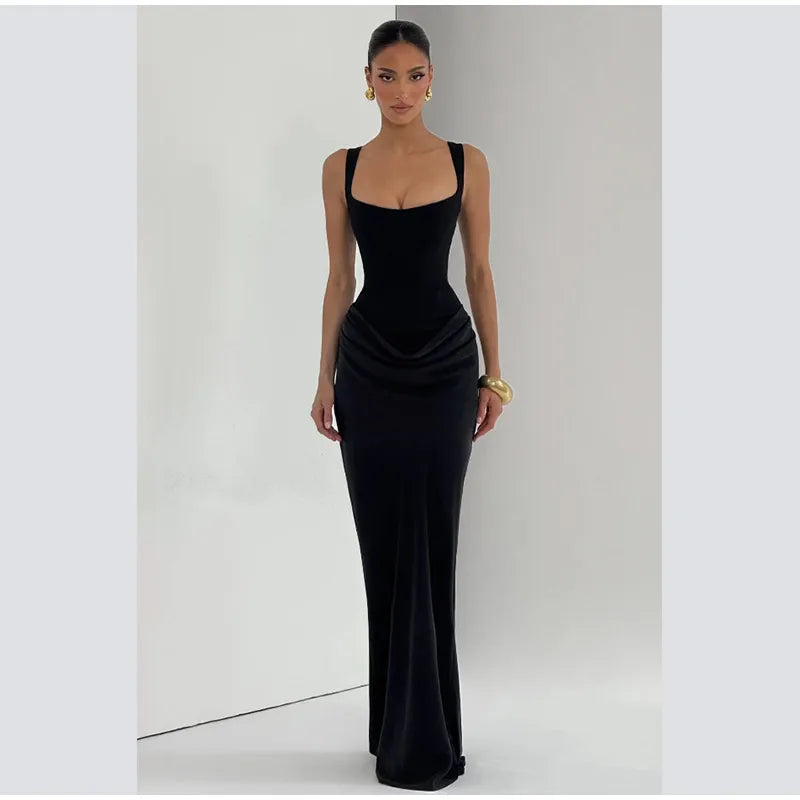 Women Brown Pleated Sling Maxi Dress Square Neck Sleeveless Off-shoulder Waist Cinching Slim Dresses Fashion Evening Party Gowns