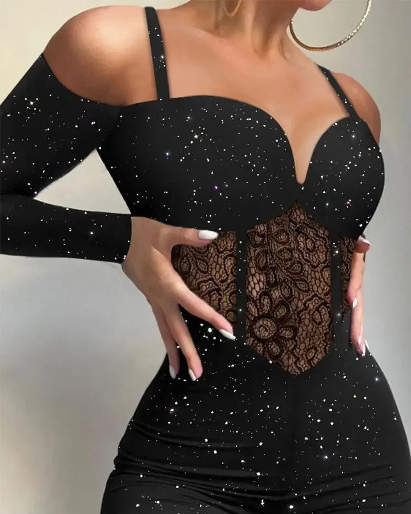 Cold Shoulder Contrast Lace Corset Jumpsuit Women High Waist Fashion Spring Summer Ankle Length Jumpsuits Overall Pants