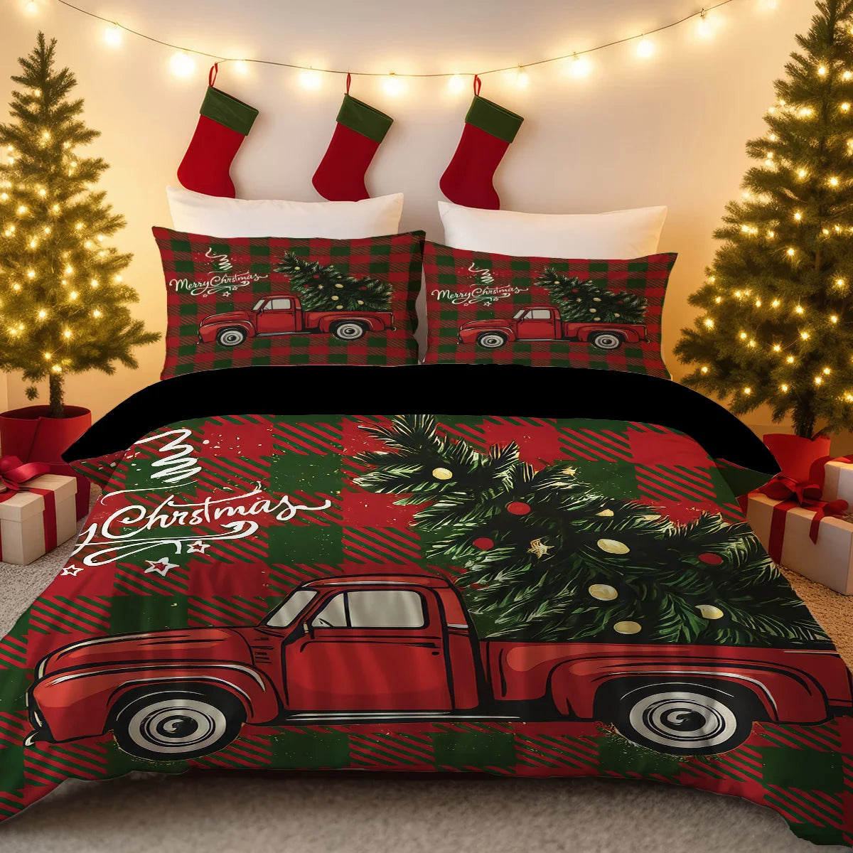 3pcs Checkered Christmas Coreless Duvet Set with Multiple Sizes for Bedrooms Dormitories, Soft and Comfortable, Machine Washable