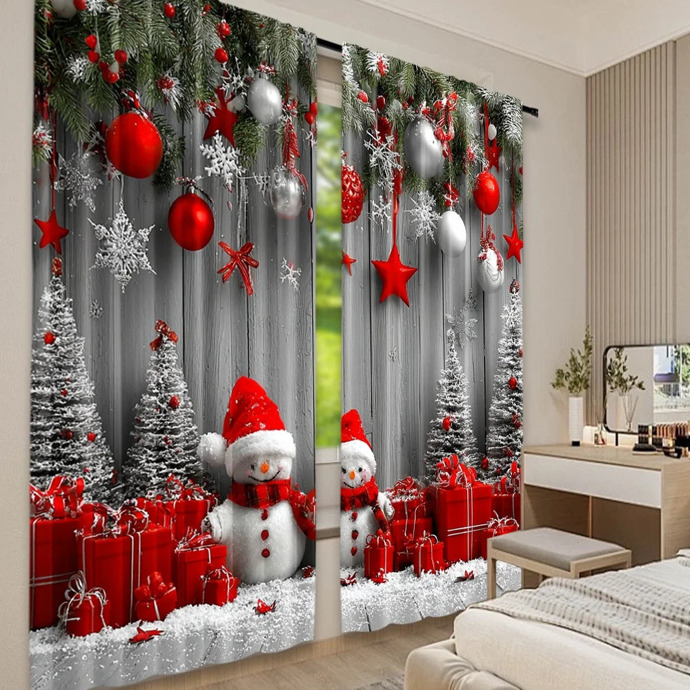 2pcs 2D flat printing Merry Christmas Curtains Festive Snowmen Durable polyester fiber Birthday Party for Outdoor Holiday