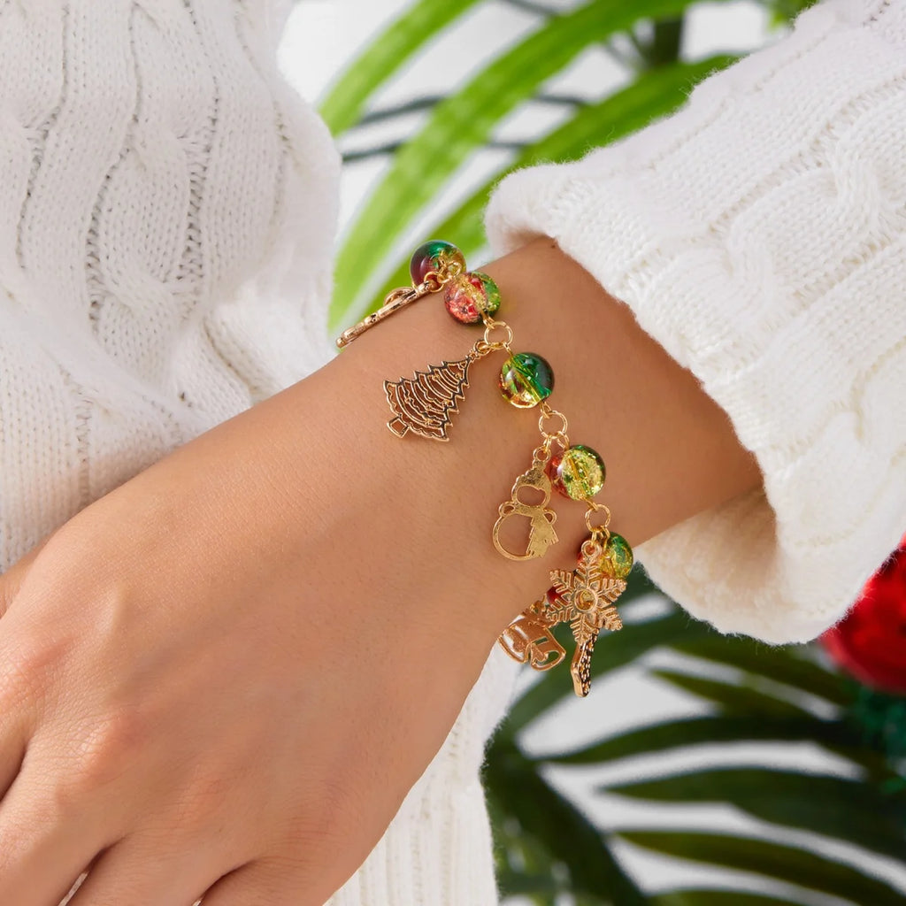 Christmas Snowflake Tree Santa Claus Snowman Reindeer Bell Resin Star Crystal Beads Bracelet For Women Men New Year Holiday Gift