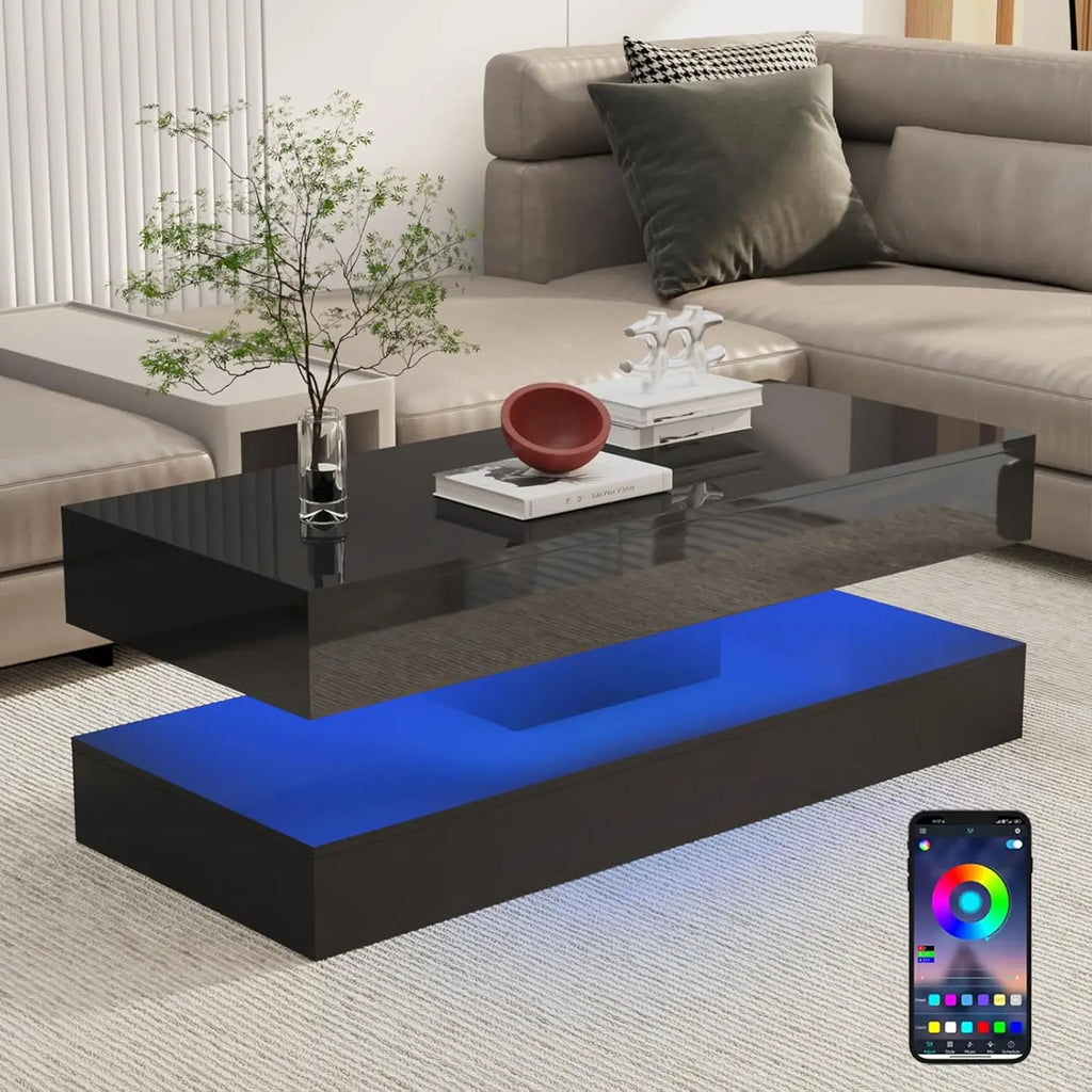 Modern Stylish Coffee Table with LED lights, Double-Layer Design for Living Room Coffee Table with 2 Storage Drawers
