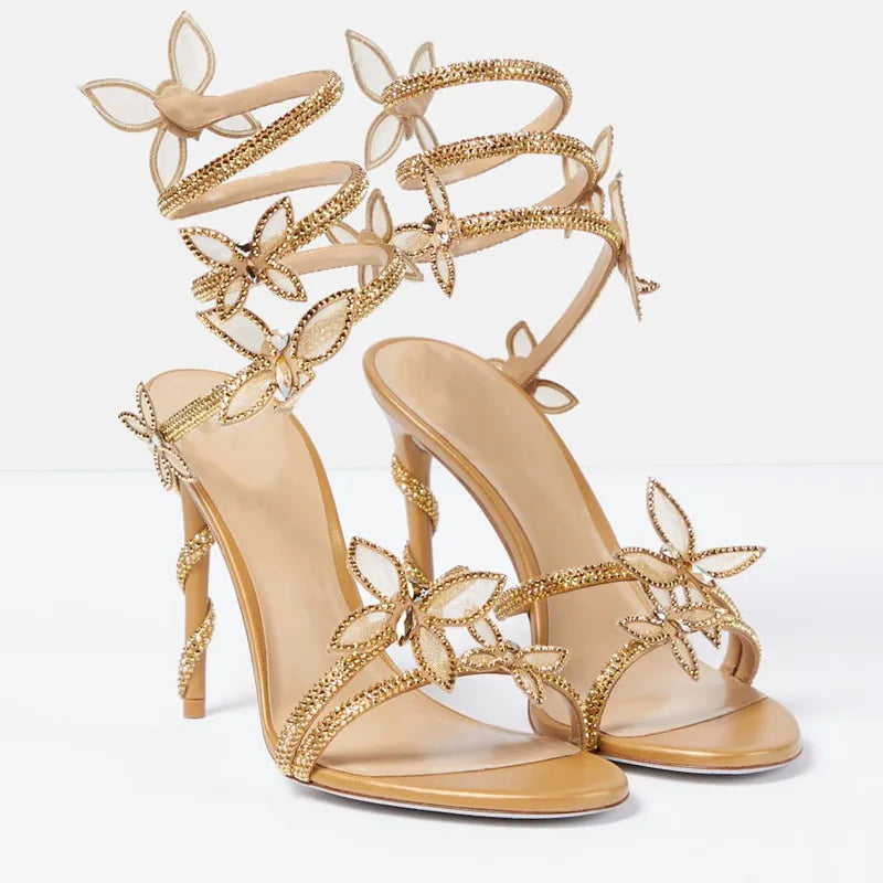 Luxury Crystal Embellished Butterfly Detail Women Sandals Sexy Coiled Strap High heels Gladiator Sandals Summer Party prom Shoes, need a dress