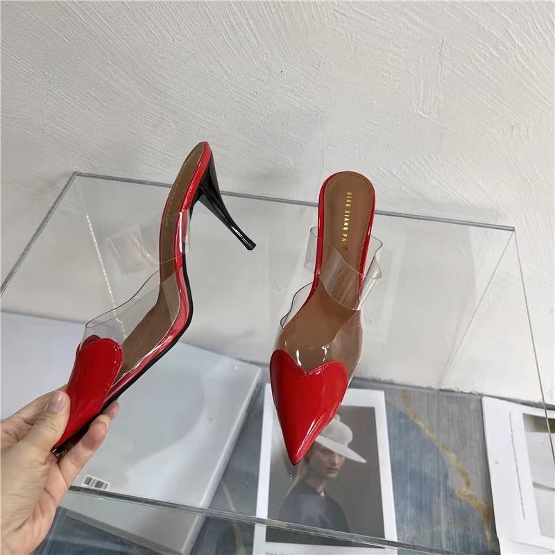 Elegant Pointed Toe Transparent PVC Heart High Heels Mules Slipper Shoes Women 2025 Black White Red Shoes Luxury Designer Pumps
