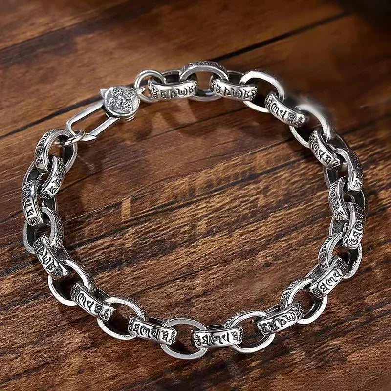 S925 Sterling Silver New Six-Character Mantra Bracelet Men Women Retro Trend Jewelry Gift