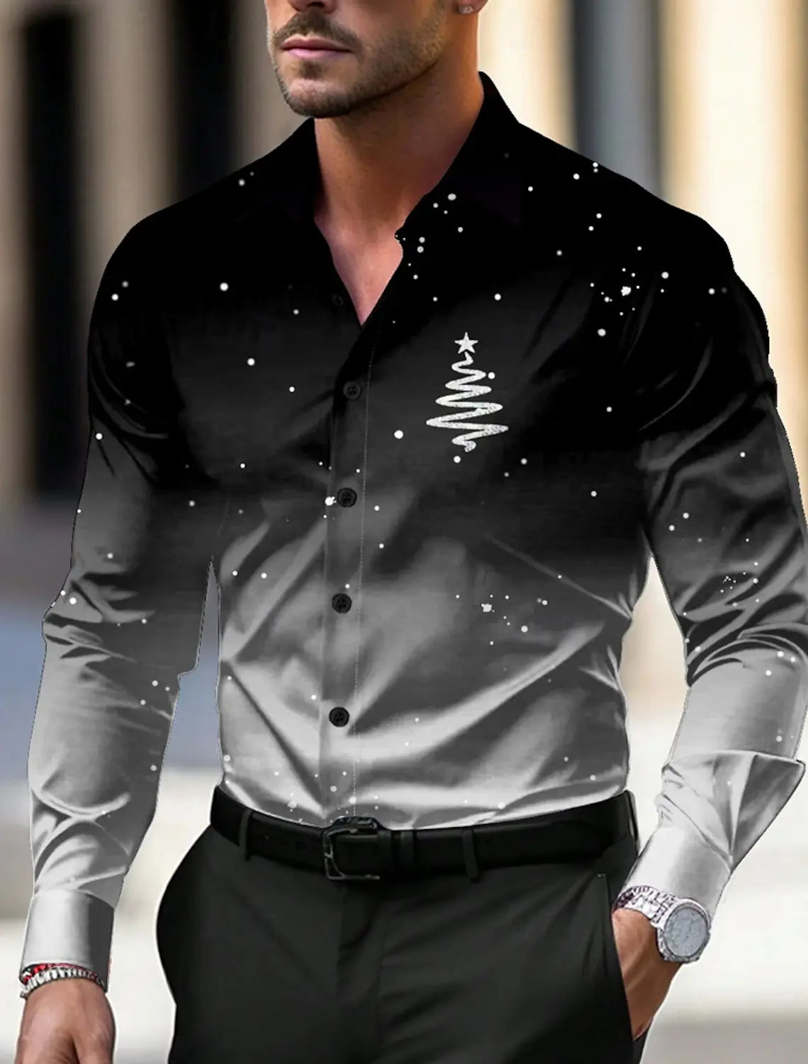 Christmas Theme Men's Christmas Trees Printed Shirts Snowflake Gradient Graphics Button Up Long Sleeve Shirts Fashion Tops Thin