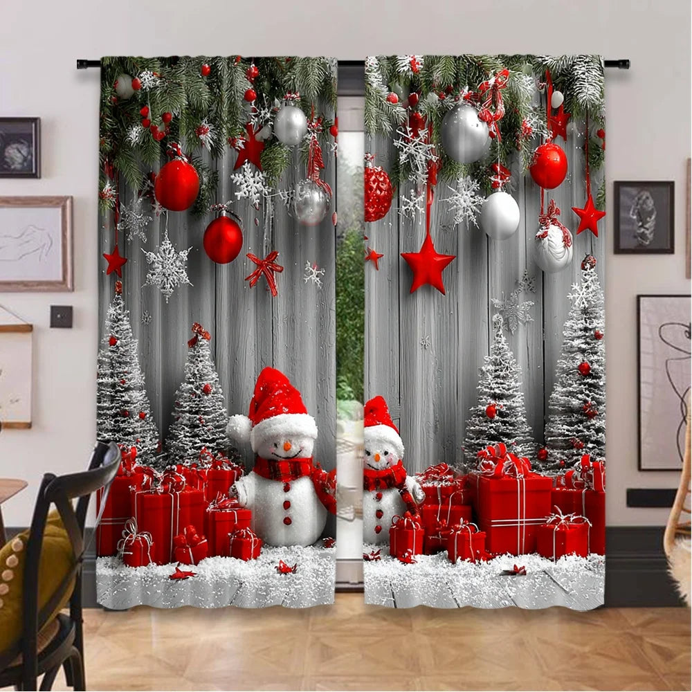 2pcs 2D flat printing Merry Christmas Curtains Festive Snowmen Durable polyester fiber Birthday Party for Outdoor Holiday