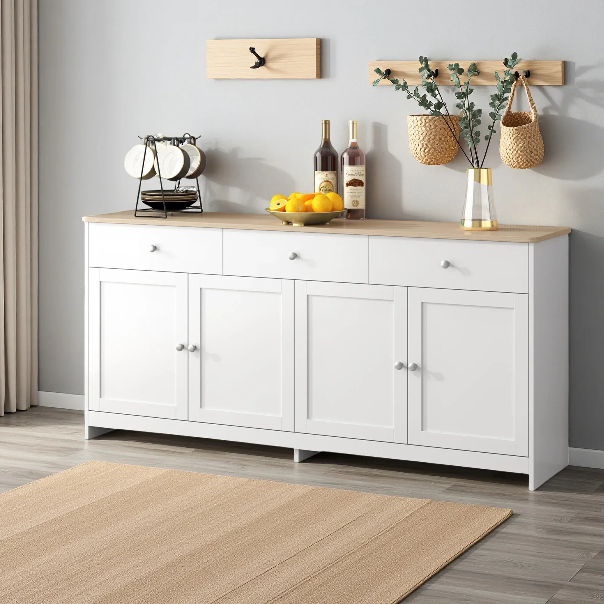 Comanlai Sideboard with Wood Paint Countertop,Kitchen Cabinet with Worktop,4 Doors,3 Drawers,for Living Room and Dining Room