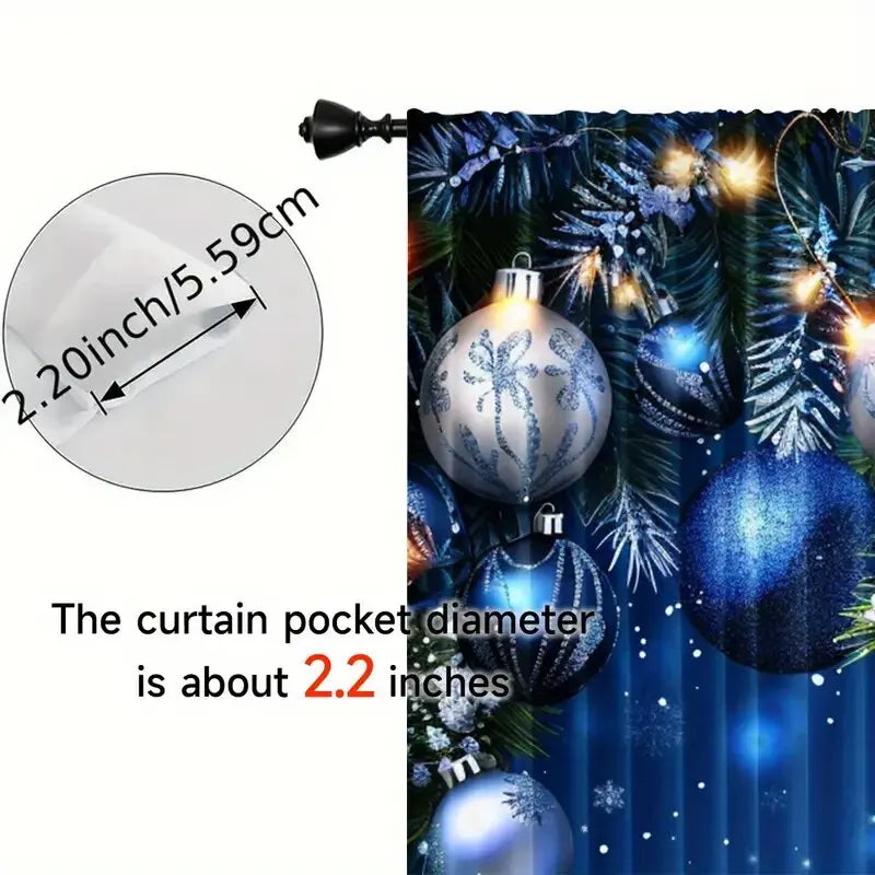 2pcs - Christmas curtains, blue Christmas balls, polyester printed curtains, home decoration, room decoration
