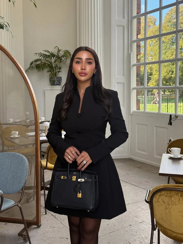 Elegant Stand Collar Mini Dress Women Casual Single Breasted Full Sleeve Cinched-waist Short Dresses Lady Evening Dinner Gowns