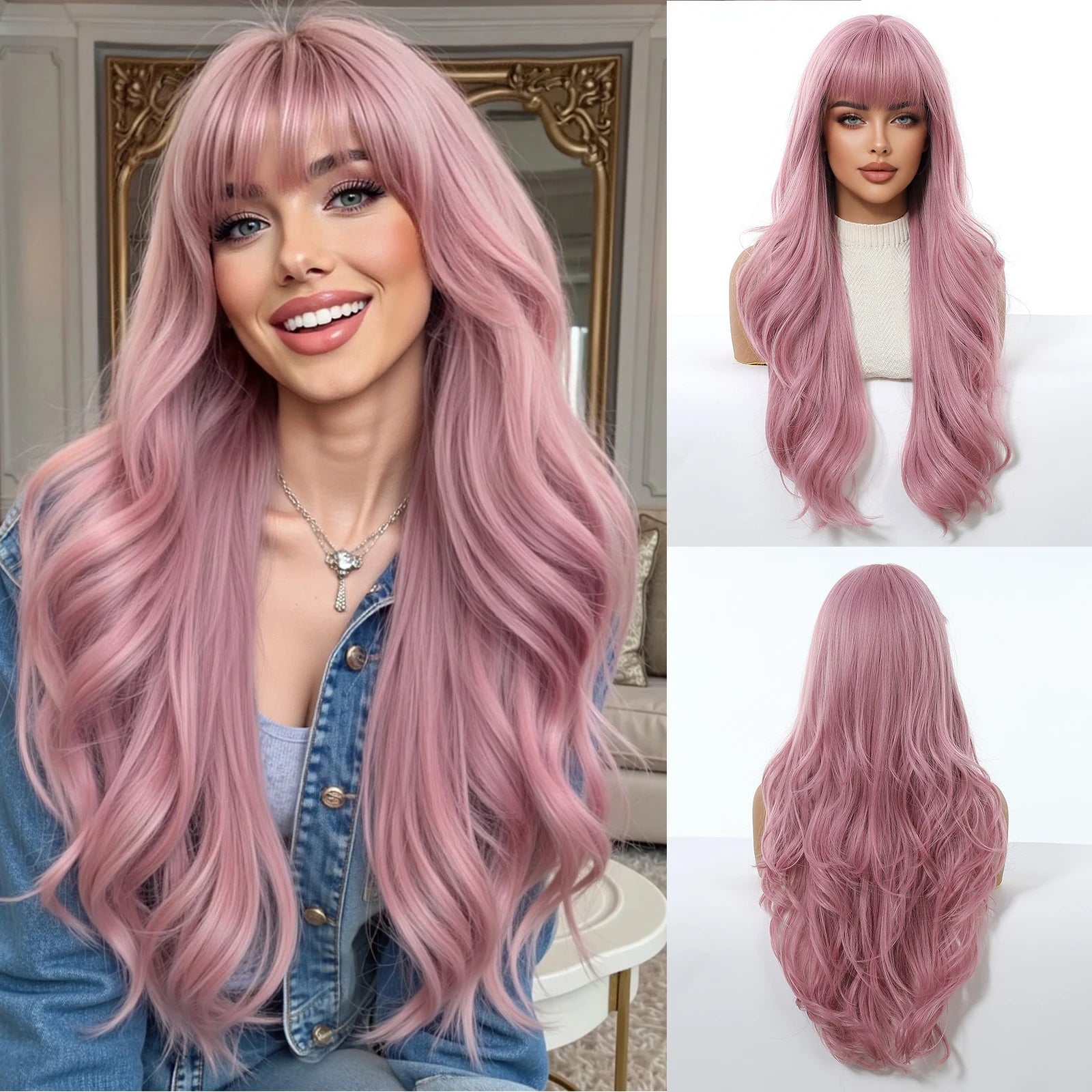 Rose Blonde Ombre Brown Long Natural Wave Synthetic Wigs with Bangs for Women Heat Resistant Daily Cosplay Party Hairs Wig Use