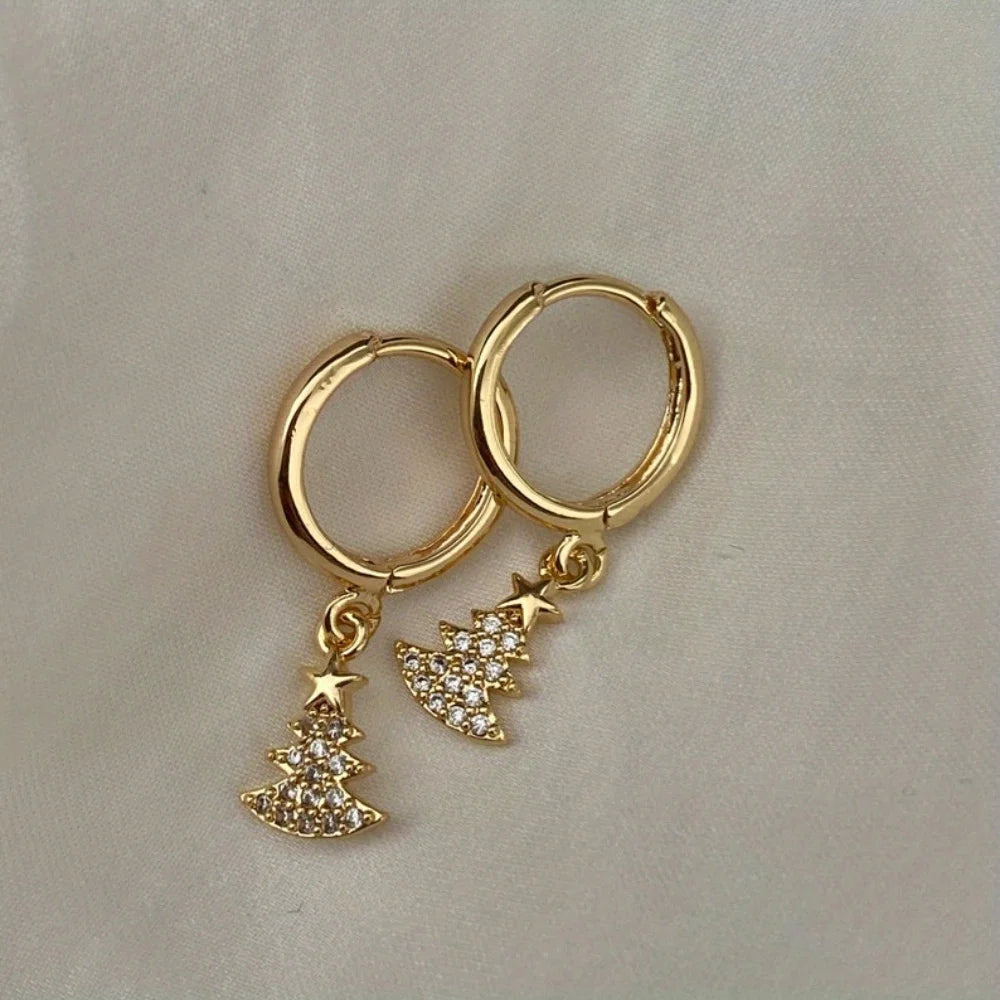 Stunning Handmade 18K Gold Plated Dangle earring Christmas Tree Star Cubic Zirconia Crystal Huggie Sleeper Hoop Earrings Gifts