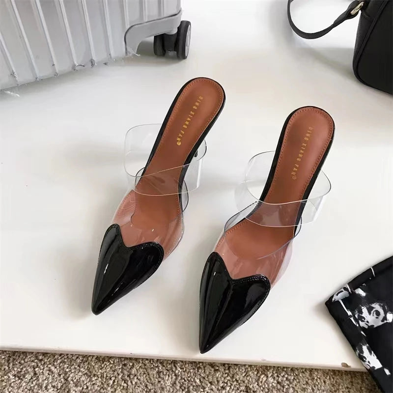 Elegant Pointed Toe Transparent PVC Heart High Heels Mules Slipper Shoes Women 2025 Black White Red Shoes Luxury Designer Pumps
