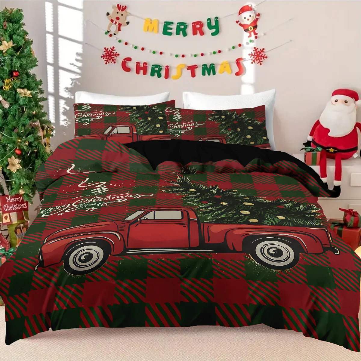 3pcs Checkered Christmas Coreless Duvet Set with Multiple Sizes for Bedrooms Dormitories, Soft and Comfortable, Machine Washable
