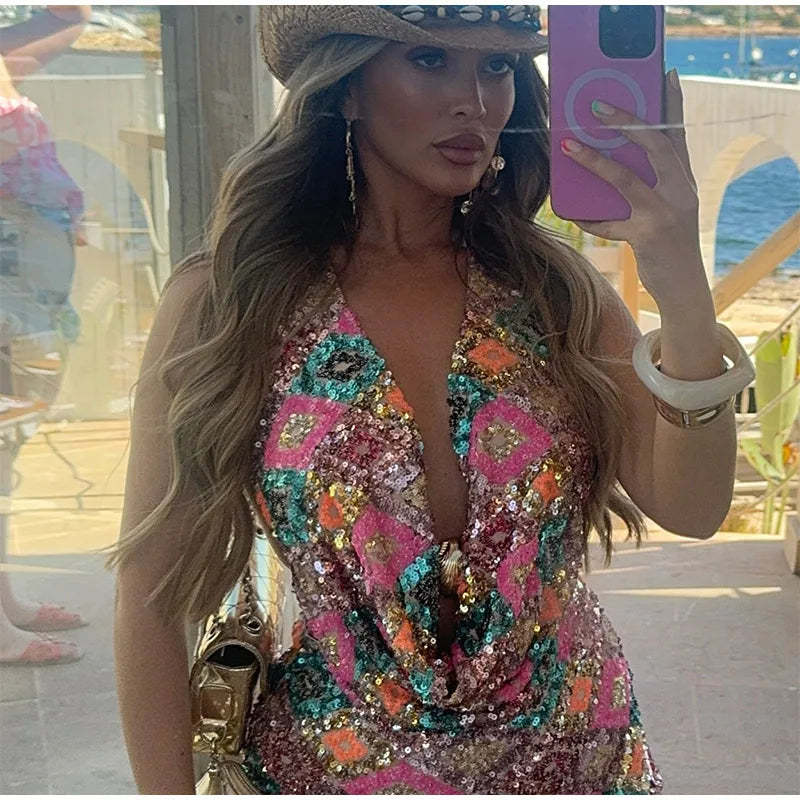 Colorful Sequin Halter Plunge-Neck Set Sleeveless Backless Vest Bodycon Mini Skirt 2025 Summer Party Chic Suit Sexy Lady Outfit
