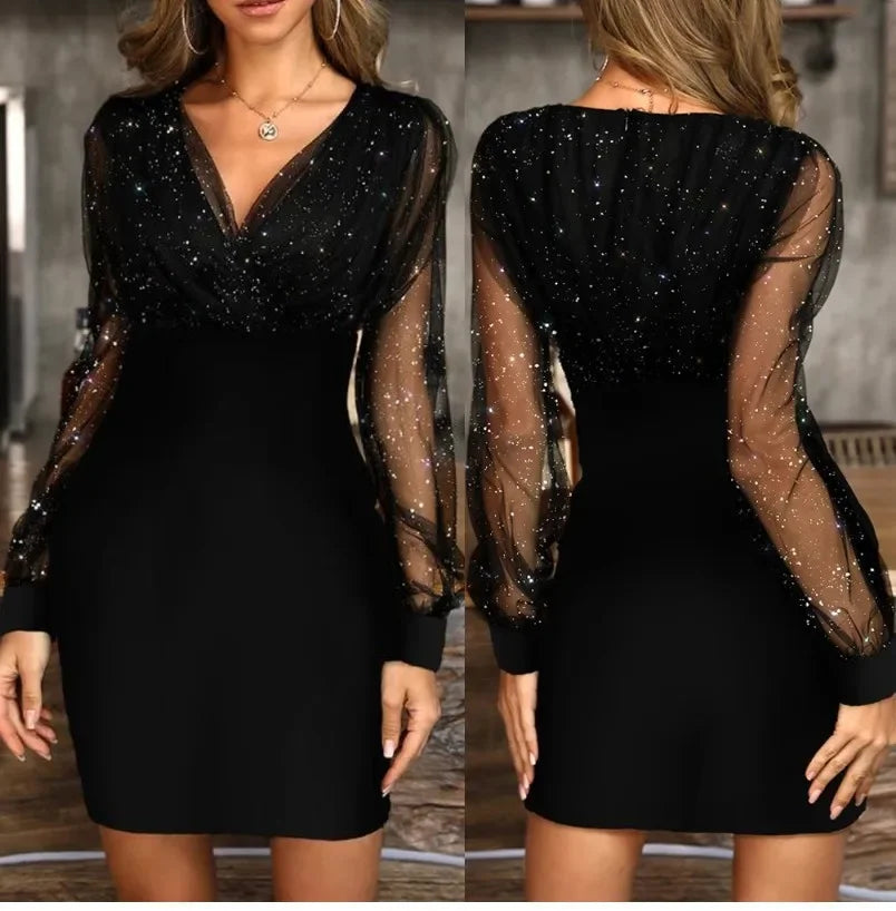 Sexy Sequin Mesh Dress V-Neck Bodycon Elegant Tight Fit Autumn Winter Fashion Women's Clothing Elegant Tight Fit Dress