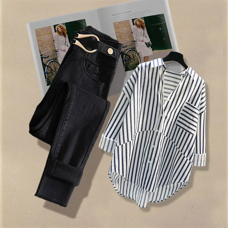 Women Spring/Summer New Matching Set 2026 Korean Elegant Striped Shirt Top+Jeans Two Piece Female Loose Blouse Denim Pants Suit