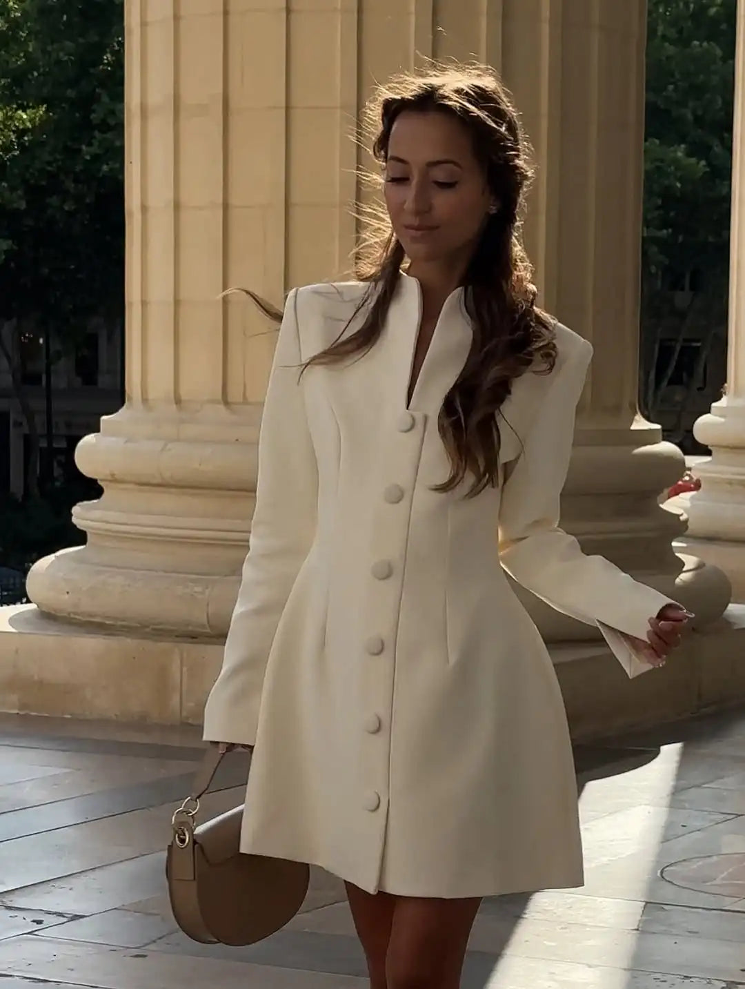 Elegant Stand Collar Mini Dress Women Casual Single Breasted Full Sleeve Cinched-waist Short Dresses Lady Evening Dinner Gowns